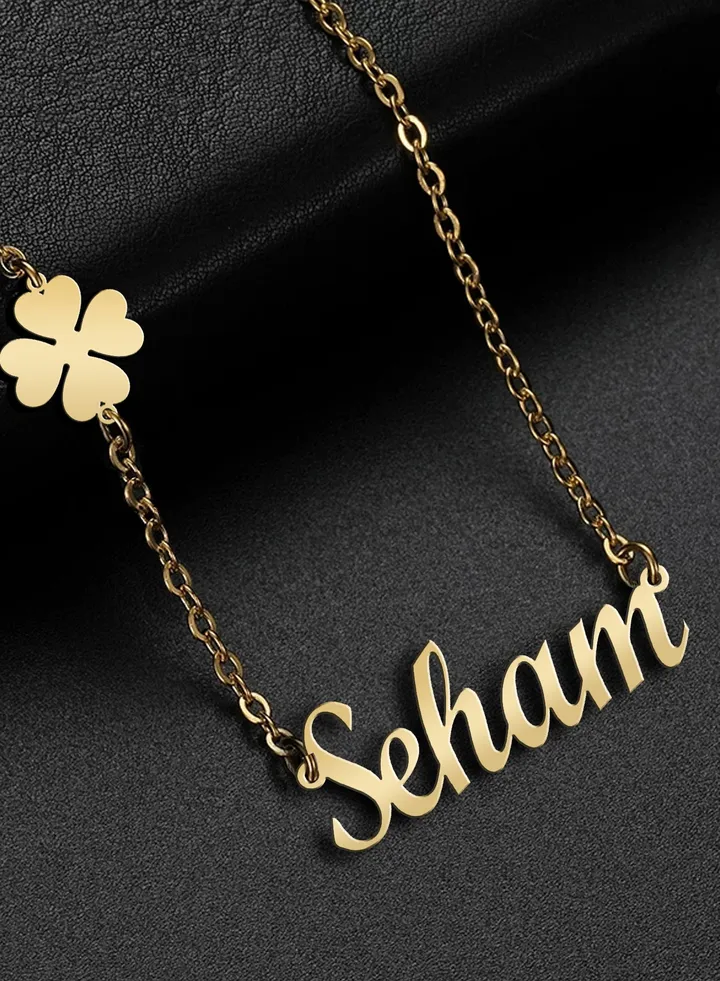 Women's necklace, clover flower pendant, chain with English name pendant, 925 silver, gold plated, Seham name