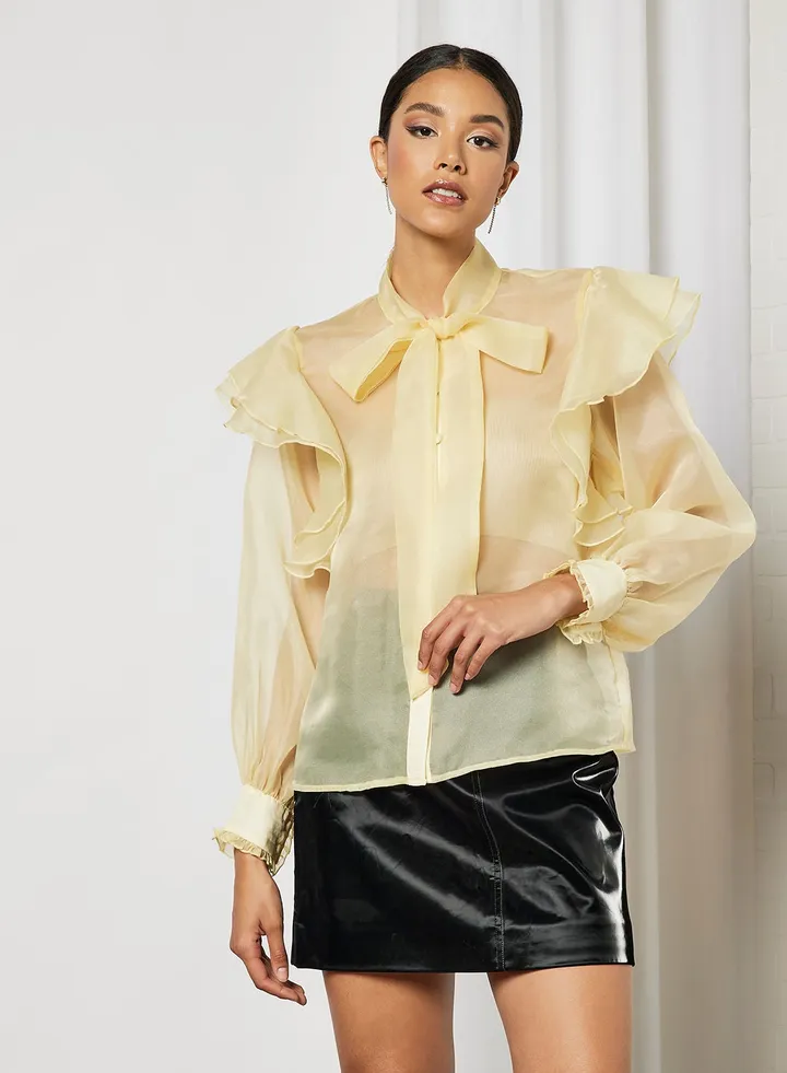 Sheer Balloon Sleeve Blouse