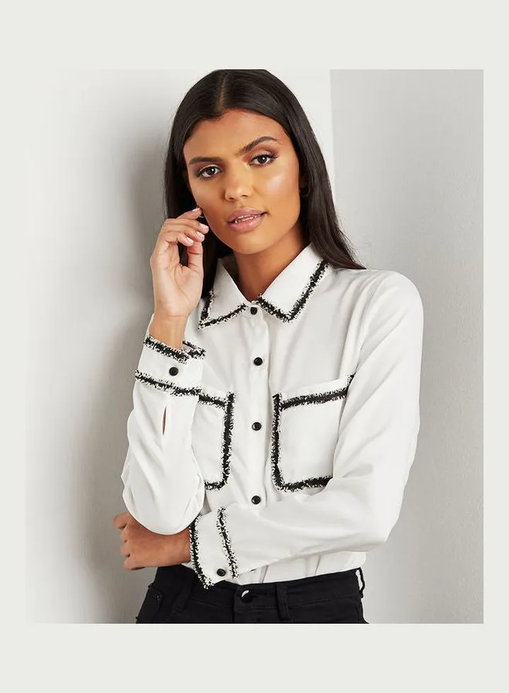 Long Sleeves Boucle Trim Pocket Detail Shirt