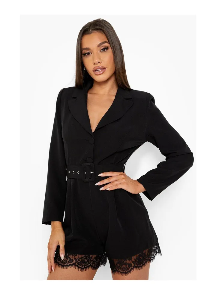 Lace Trim Belted Blazer Playsuit