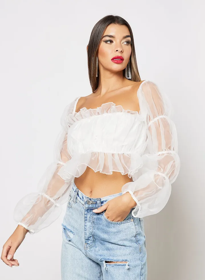 Sheer Sleeve Bandeau Crop Top White