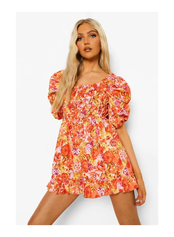 Floral Print Puff Sleeve Ruched Playsuit