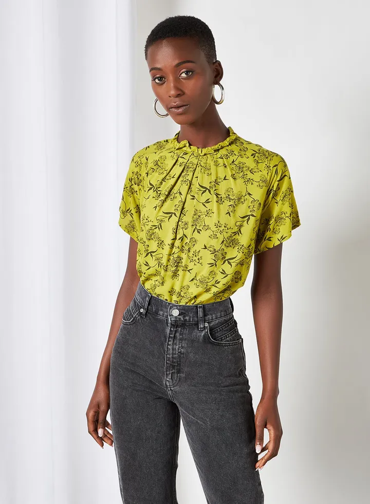 Turtle Neck Printed Blouse Top Green Floral