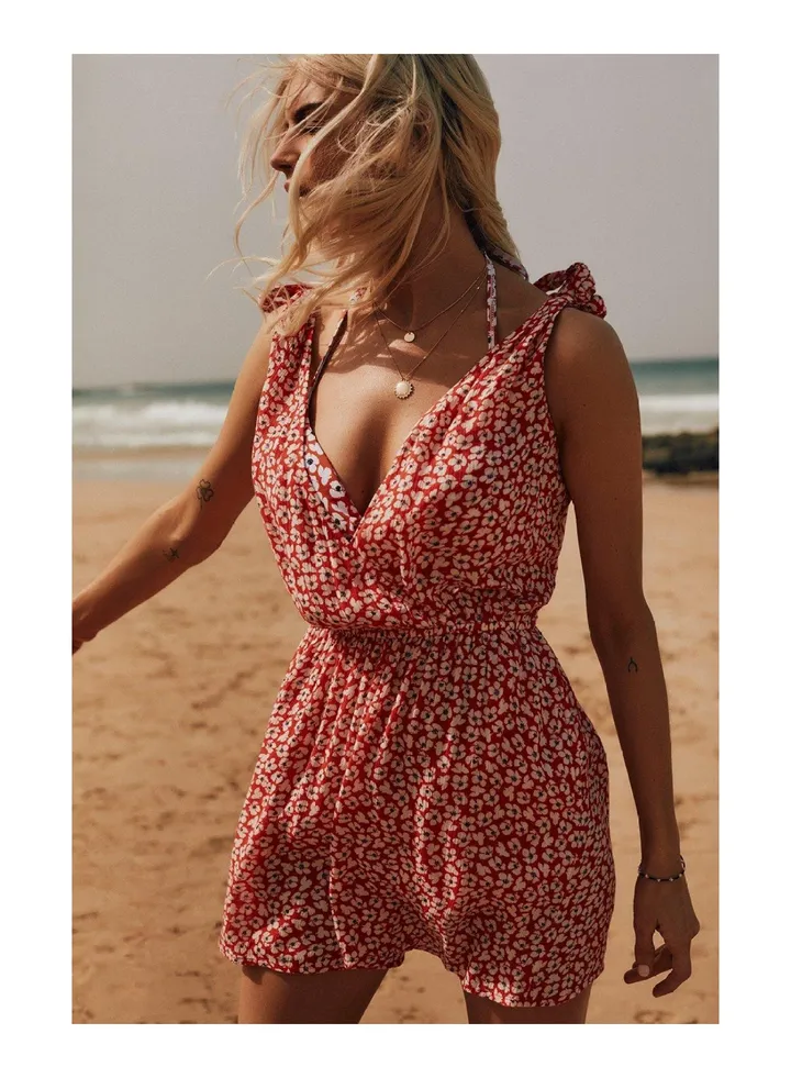 Tie Shoulder Red Ditsy Crinkle Playsuit