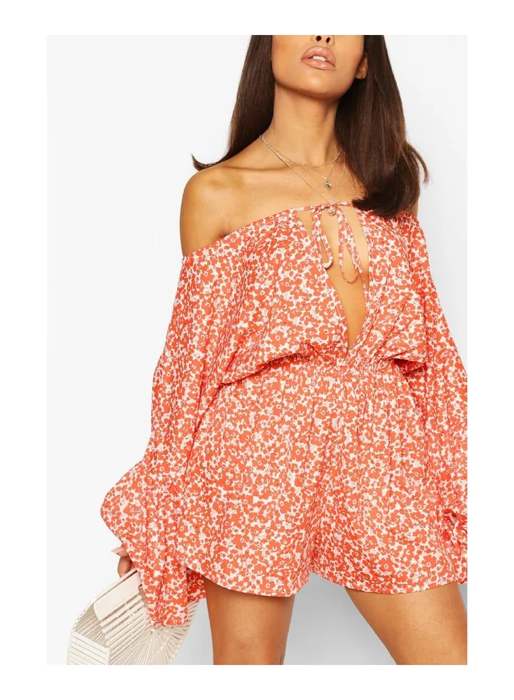Petite Bright Floral Off Shoulder Playsuit