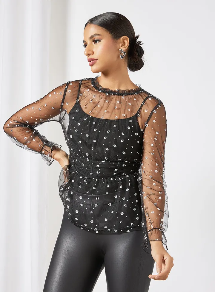 Floral Sheer Top Black