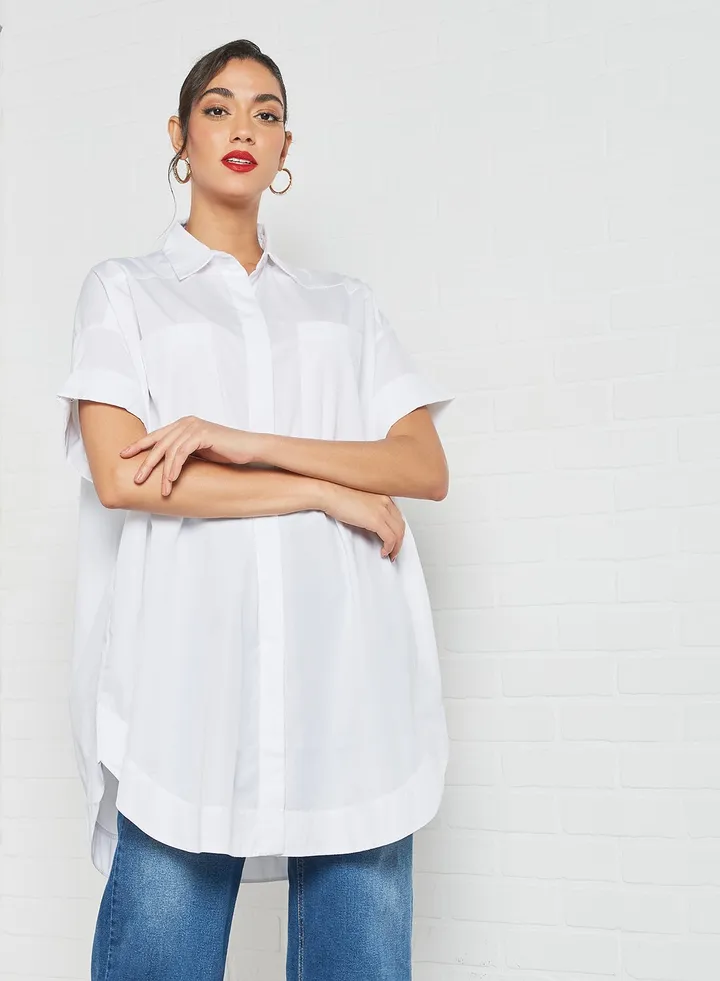 Oversized Curved Hem Shirt White