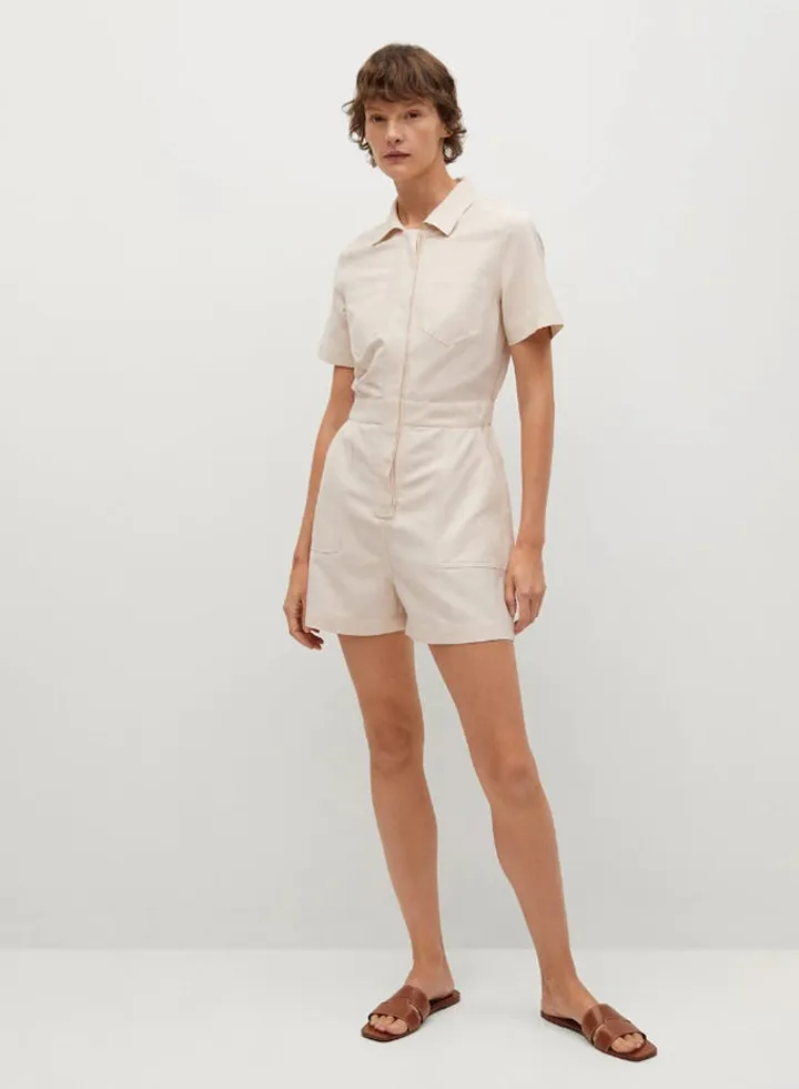 Button Down Playsuit Beige