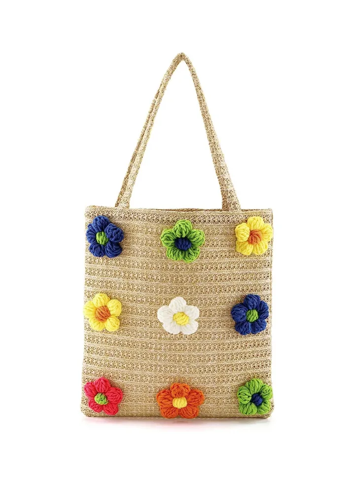 Summer Beach Straw Bag Flower Cotton Crochet Woven, Womens Hand-woven Shoulder Bag Handbag Large