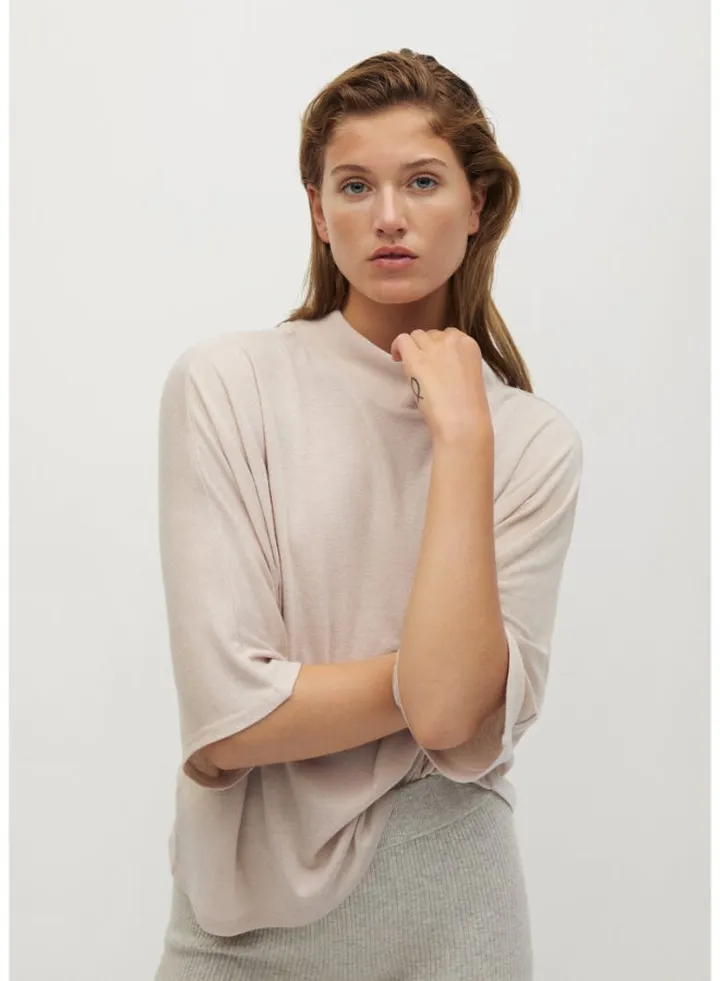 High Neck Wide Sleeves Top Beige