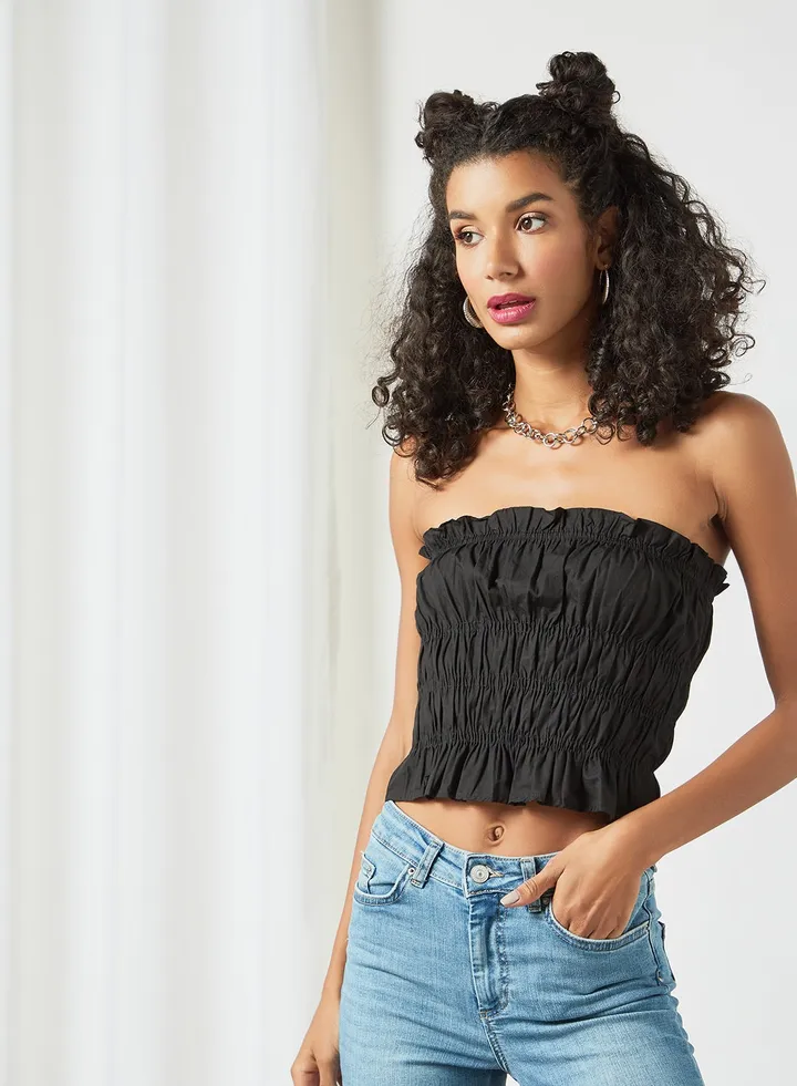 Bandeau Shirred Crop Top Black