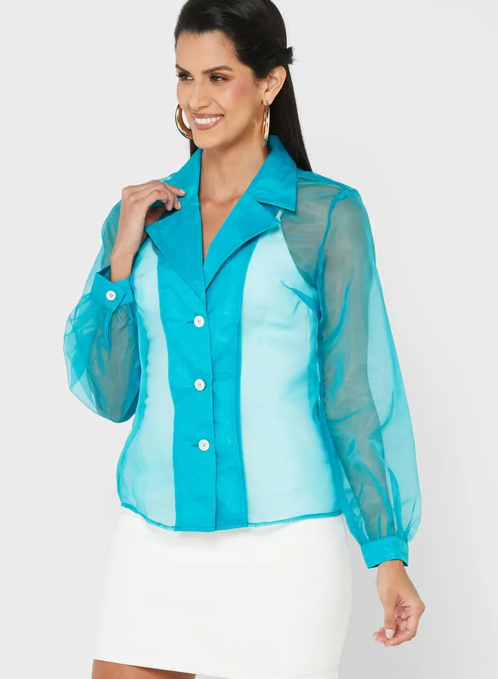 Sheer Balloon Sleeve Collar Blouse