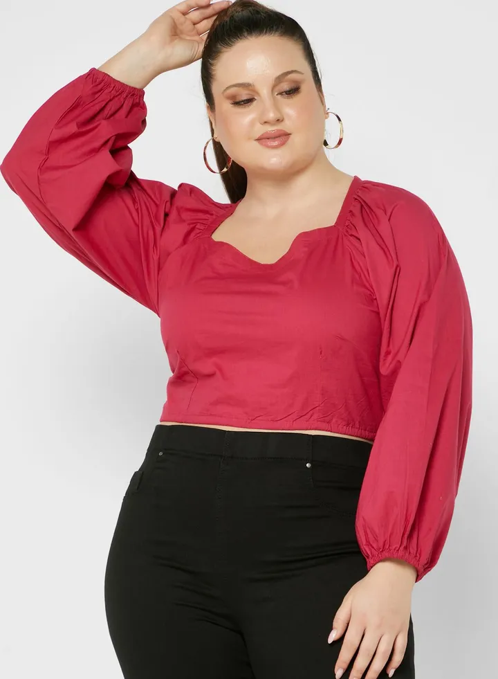 Solid Balloon Sleeve Crop Top