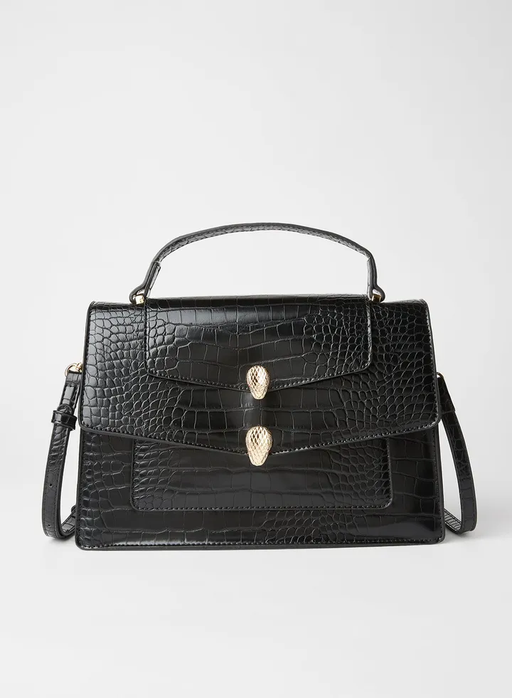 Women's Textured Detail Flap Closure Satchel Black