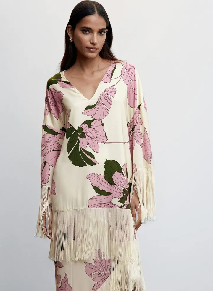 V-Neck Fringe Hem Floral Top