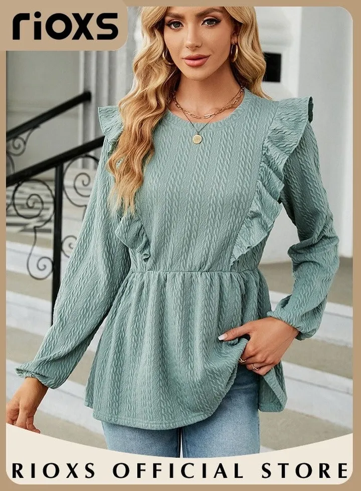 Women's Round Neck High Waist Long Sleeve Blouse Shirt Pleated Stitching Jacquard Solid Color Elastic Hem Peplum Top
