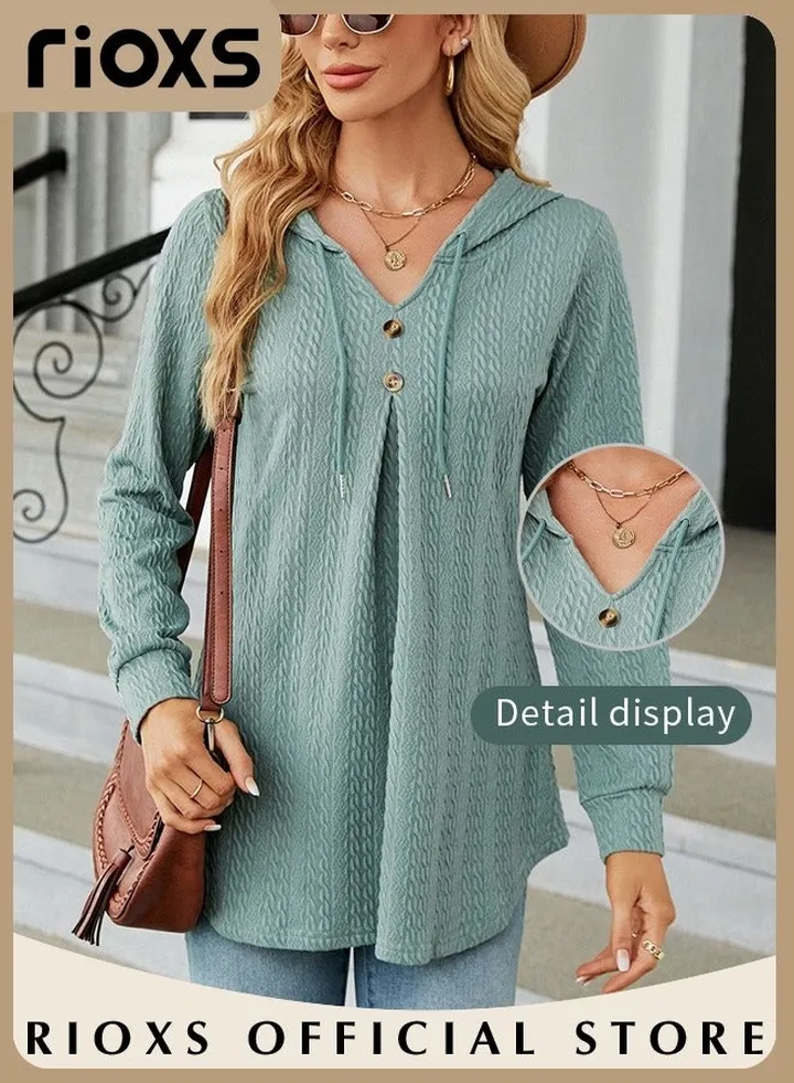 Women's V-neck Button Long Sleeve Shirt Hooded Knitted Fitted Solid Color Tops Soft and Comfortable Pullover Shirt
