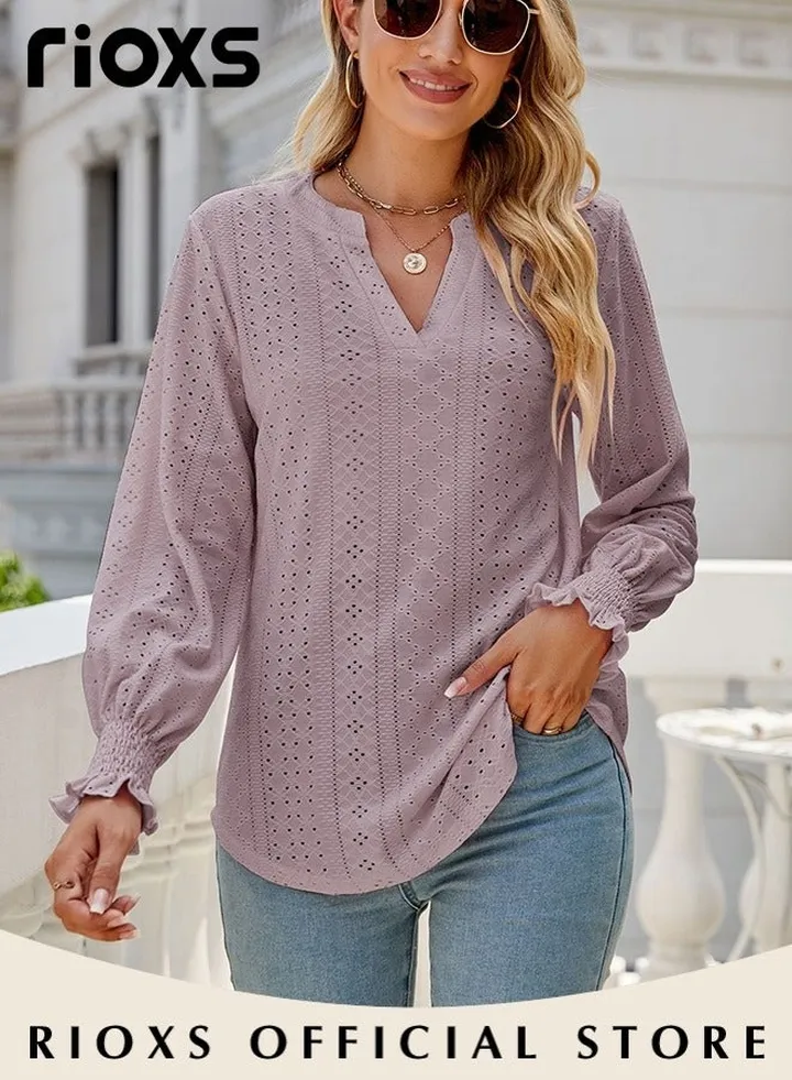 Women's V-neck Long Sleeves Shirt Knitted Ruffle Cuff Solid Color Jacquard Tops Soft and Comfortable Pullover Shirt