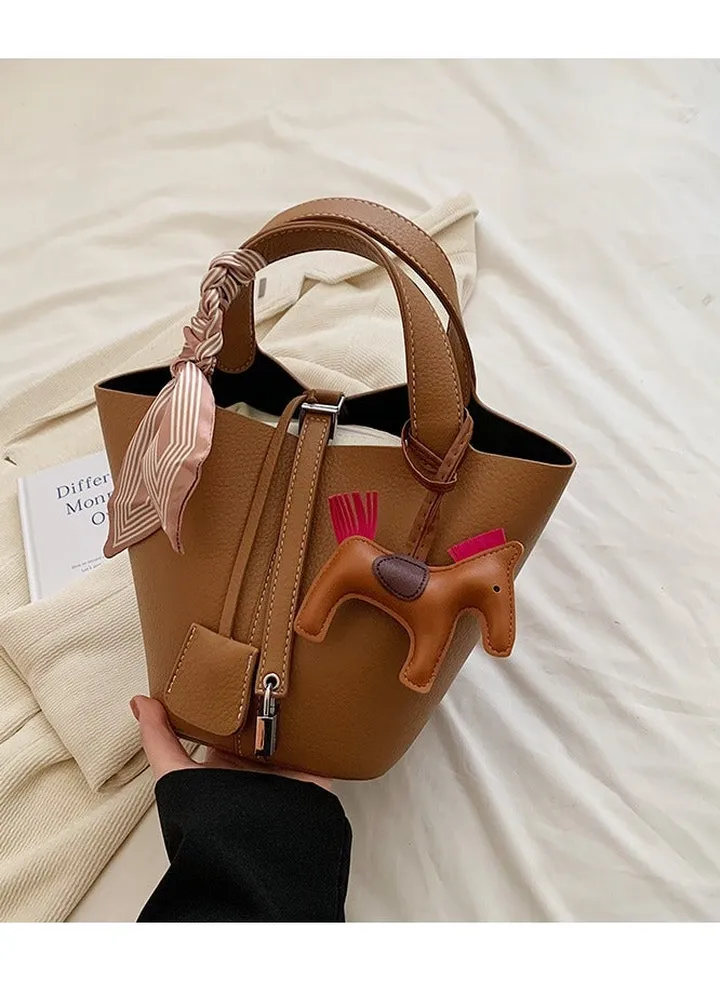 Patchwork Pendant Decor Simple Design Satchel Bag Include Pony Pendant and Silk Scarf