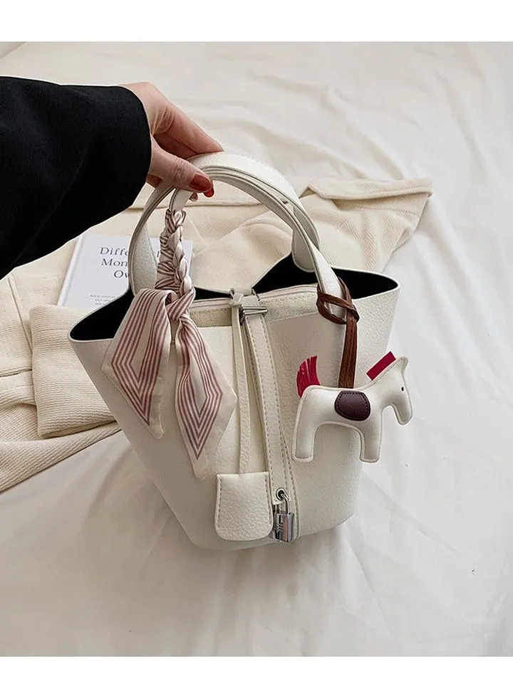 Patchwork Pendant Decor Simple Design Satchel Bag Include Pony Pendant and Silk Scarf