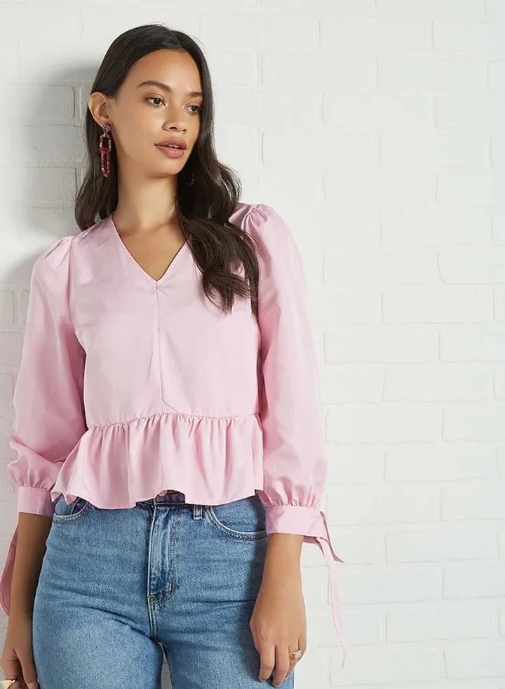 Solid Design V-Neck With Bow Cuff Top Purple