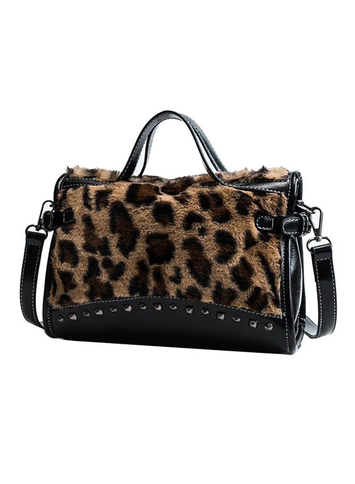 Leopard Pattern Rivets Stylish Light Weight Satchel Multicolour