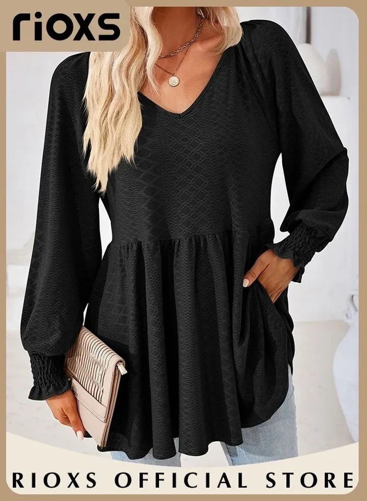 Women's Casual V-Neck High Waist Long Sleeve Blouse Shirt Elegant Jacquard Solid Color Ruffle Cuff Hem Peplum Top