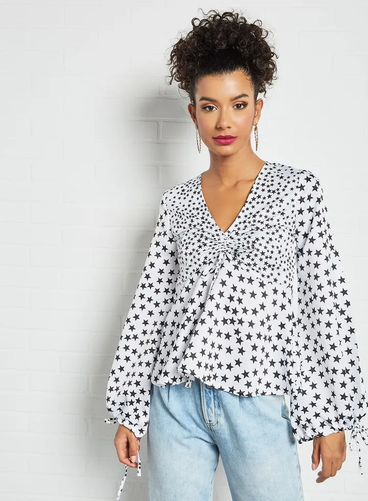 Star Print Ruffle Sleeve Top White