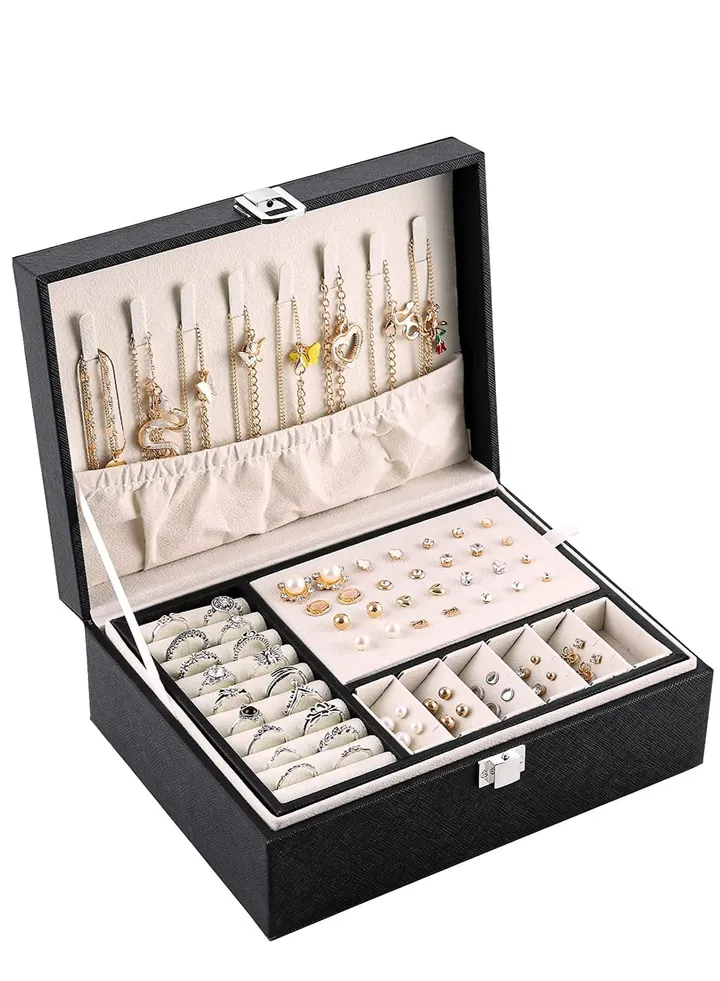 Jewelry Box Organizer for Women Girls Wife Ideal Gift, Double Layer Jewelry Storage Case Display Earrings Bracelets Rings Necklaces, PU Leather & Soft Velvet Lined Jewelry Box, Black