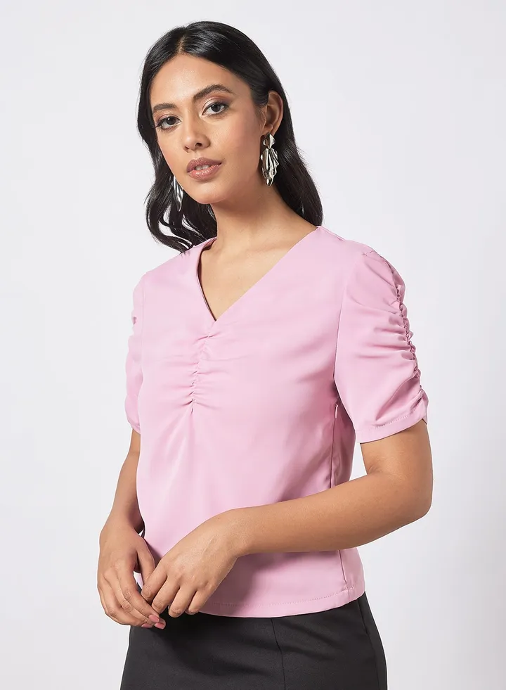 Women's Casual Shirring Short Sleeve V Neck Tops Pink