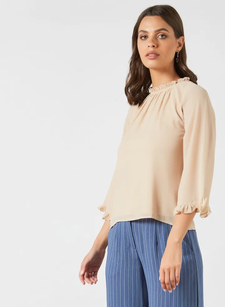 Ruffled Neckline Top Beige