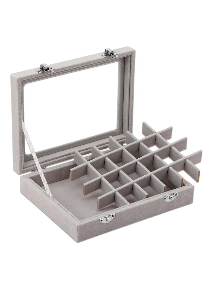 Velvet Jewelry Tray with Clear Glass Lid, 24 Grid Earring and Ring Organizer Box for Drawer Storage and Showcase Display