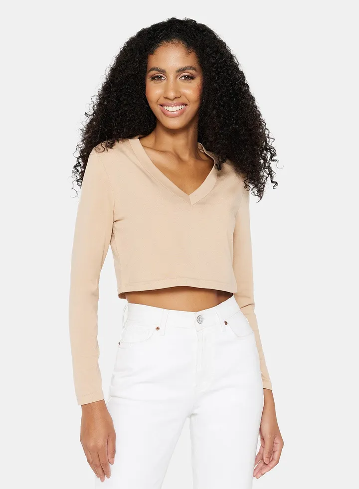 V-Neck Cropped T-Shirt Beige