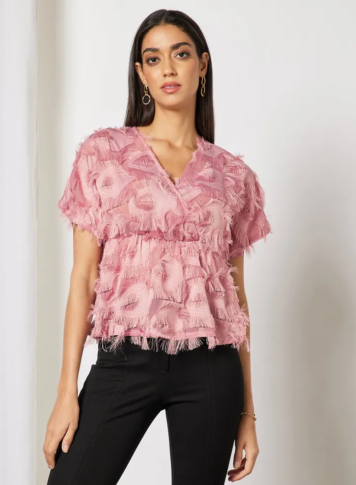Women's Frill Texture Short Sleeves V- Neck Top Dusty Pink