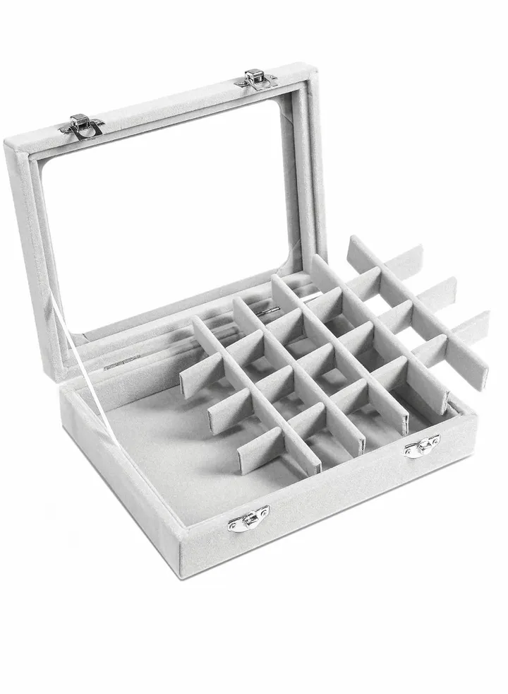 Jewelry Box 24 Grid Grey Velvet Jewelry Tray for Drawers Glass Clear Lid Showcase Display Storage Ring Trays Holder Earrings Organizer Case