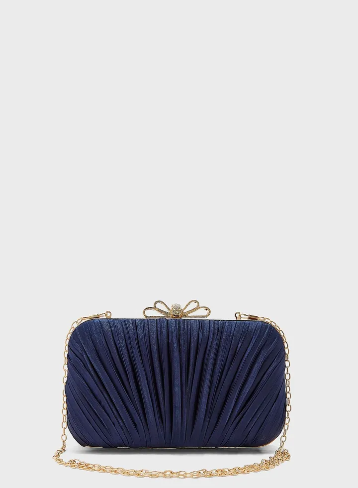 Satin Gathered Flower Diamante Clasp Clutch Bag