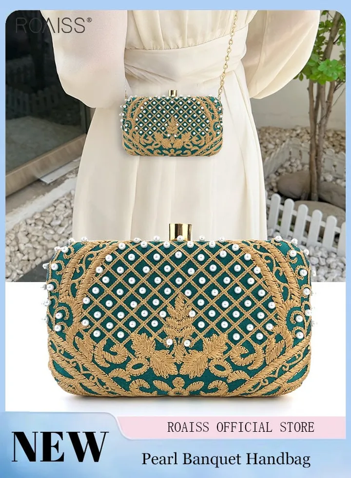 Pearl Embroidered Banquet Clutch Women'S Banquet Fashion Contrast Color Detachable Chain Crossbody Bag