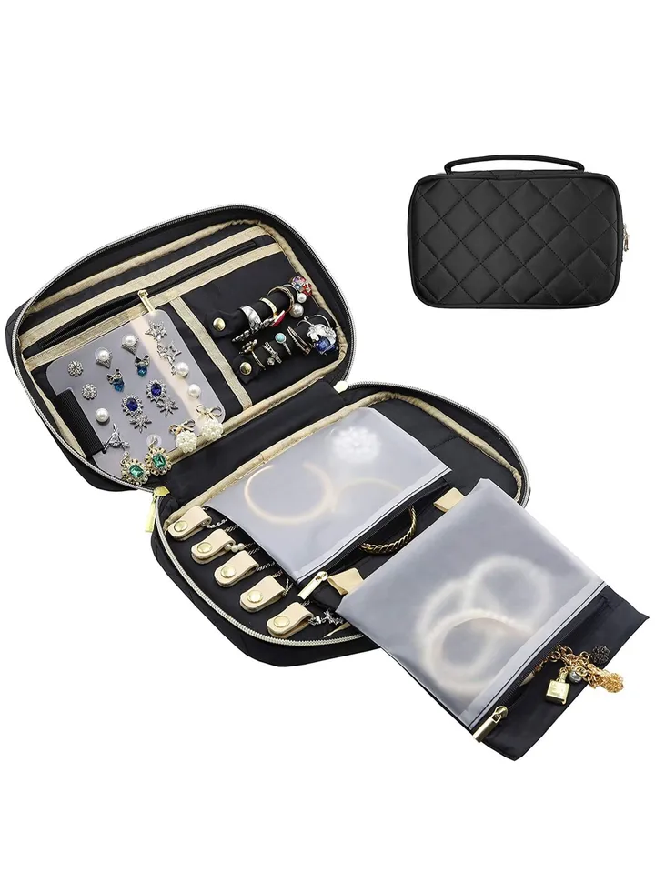 Travel Jewelry Organizer Bag, Soft Padded Jewelry Travel Storage Bag Carrying Pouch for Rings Bracelet Earring Chains Necklace Holder -Black
