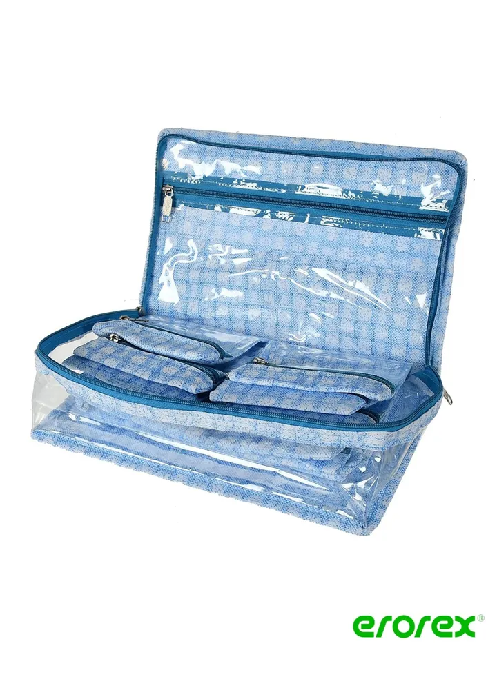 Check Design Laminated PVC Multipurpose Jewellery Storage Bag Travel Kit With 13 Tranasparent Pouches Blue