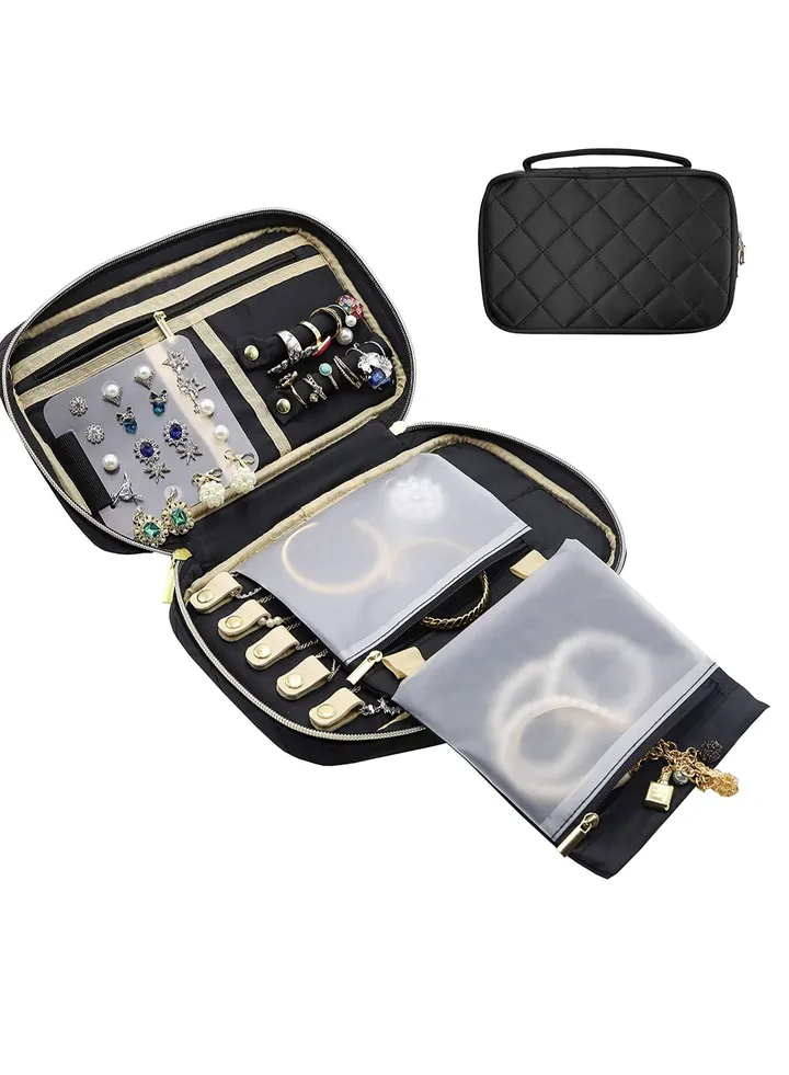 Travel Jewelry Organizer Bag, Soft Padded Jewelry Travel Storage Bag Carrying Pouch for Rings Bracelet Earring Chains Necklace Holder -Black