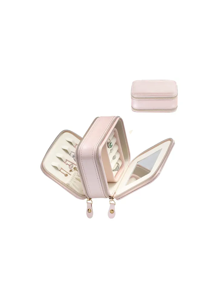 Jewelry Box Organiser for Women Girls, Small Travel Jewellery Case with Mirror, PU Leather Portable Display Jewelry Storage Box for Rings Earrings Necklace Bracelets, Pink