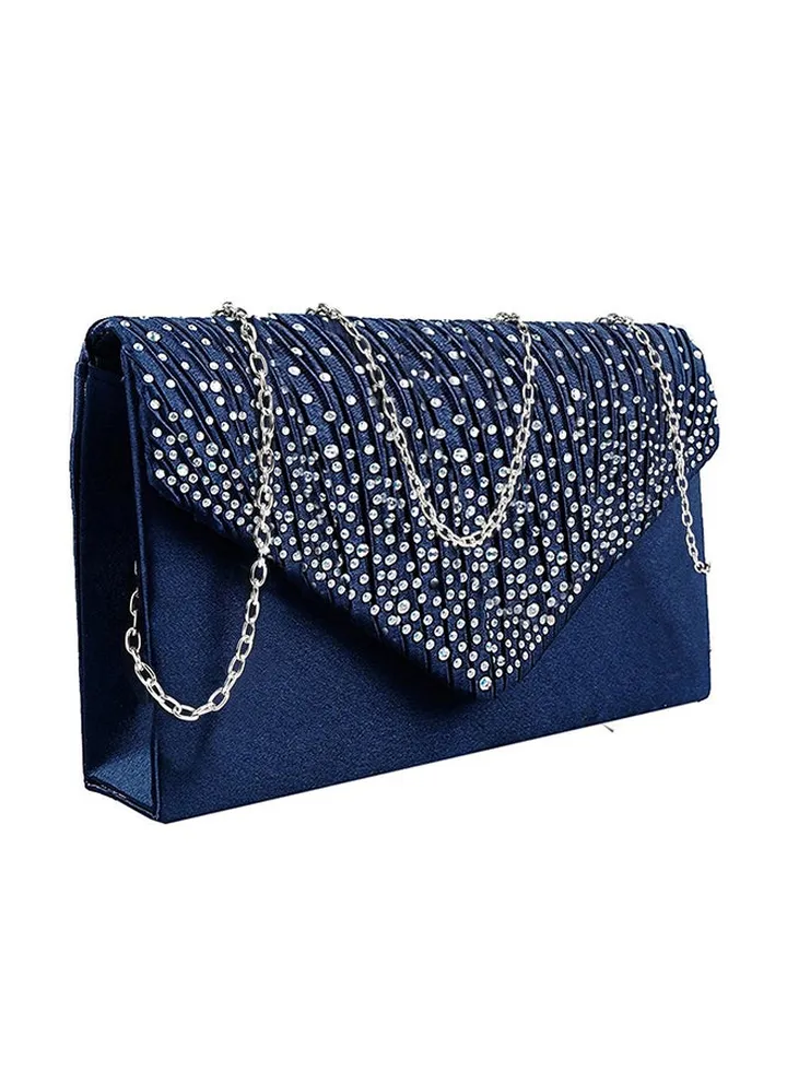 Satin Bridal Diamante Clutch Bag Blue