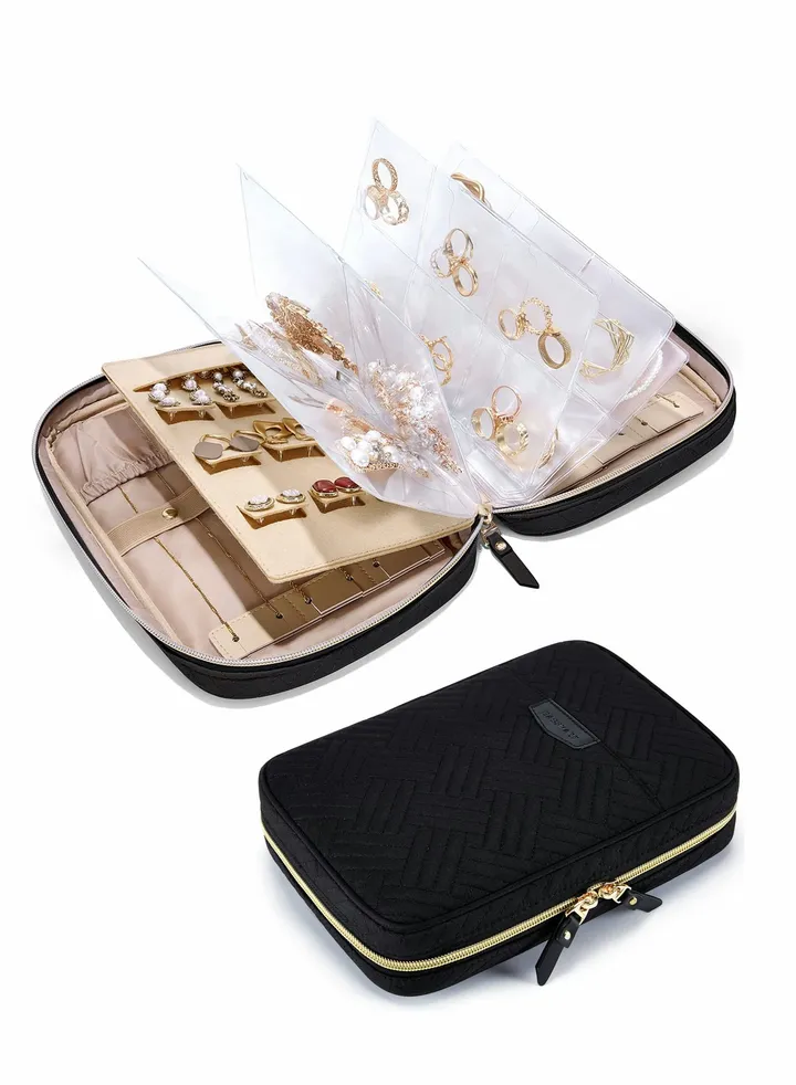 Travel Jewelry Organizer Case Storage Bag Clear Booklet Zipper Pouch for Necklace, Earrings, Rings, Bracelet, Soft Black