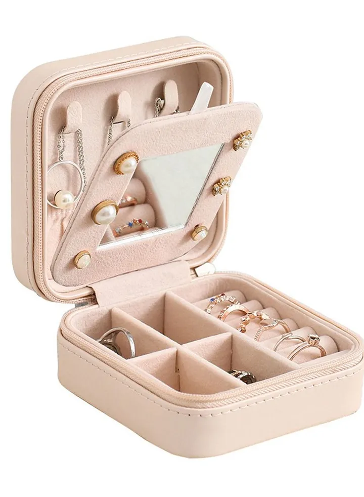 Travel Jewelry Box Organizer Leather Soft Velvet Lined With Mirror Pink