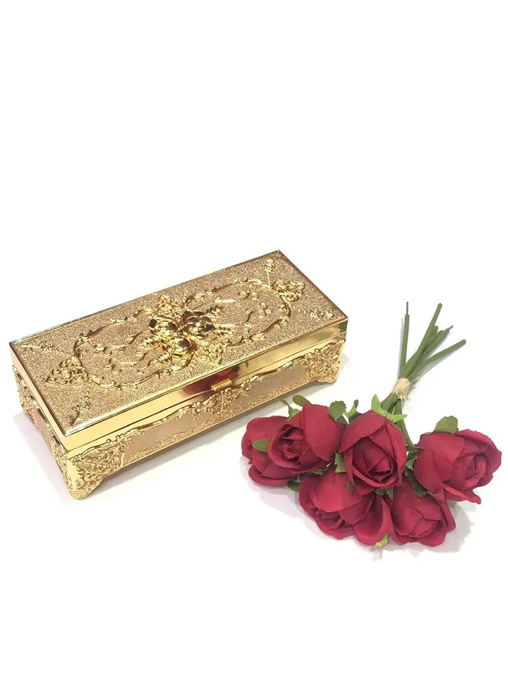 Antique metal jewelry and accessory organizer storage box with gold ornate design