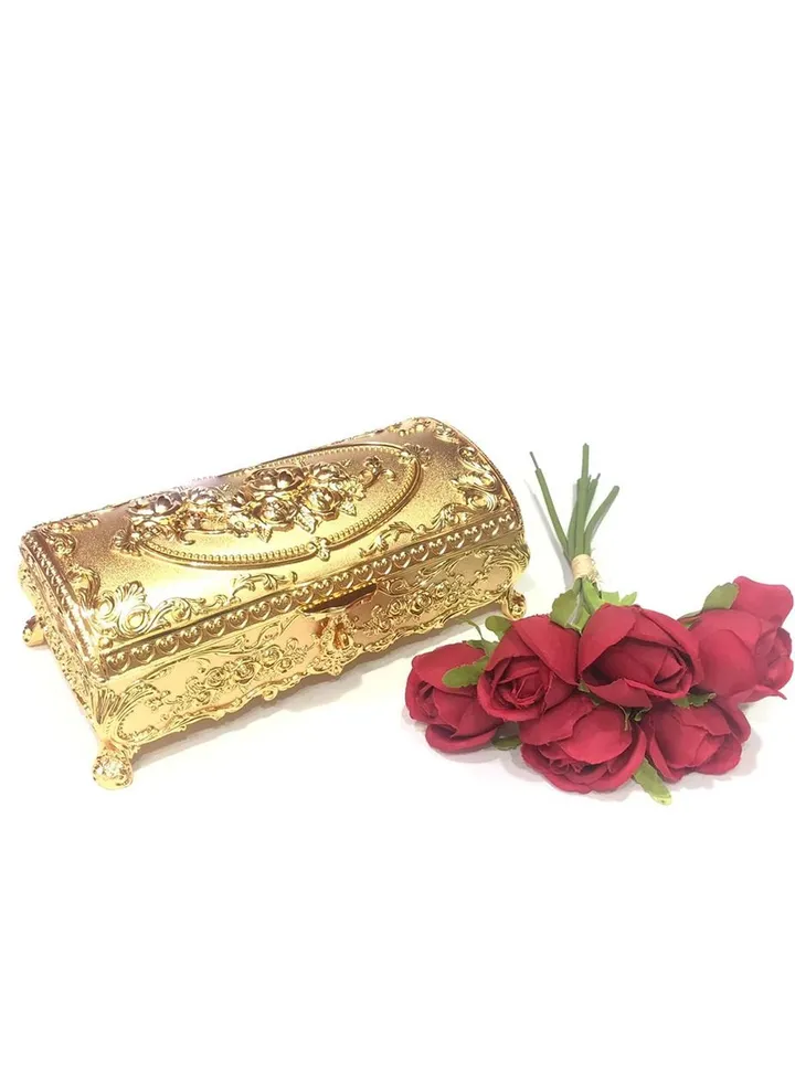 Antique metal jewelry and accessory organizer storage box with gold ornate design