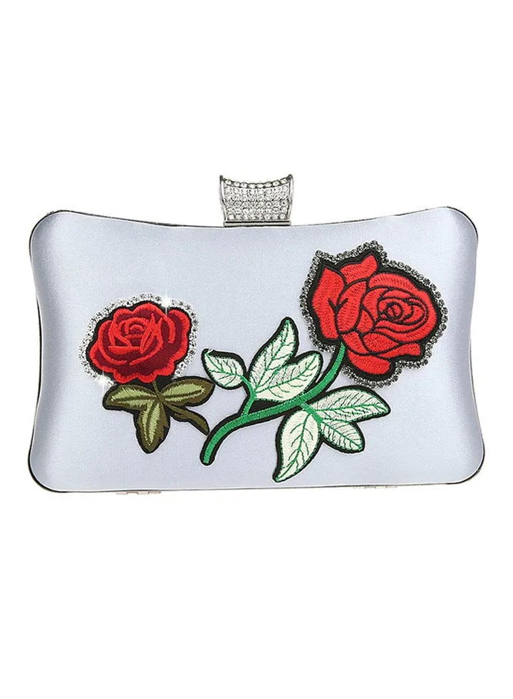 Rose Stiched Detail Clutch Silver