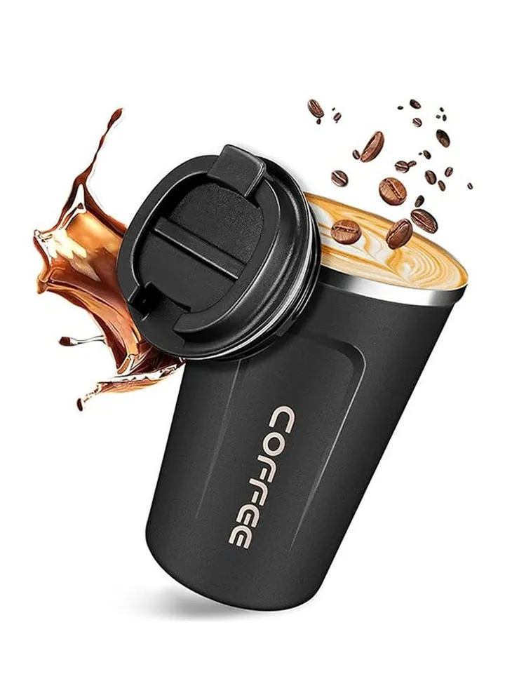 Insulated Coffee Mug,510ml Iced Coffee Tumbler Cup With Flip Lid,Double Wall Vacuum Leak Proof Thermos Mug For Travel Office School Party Camping,Black