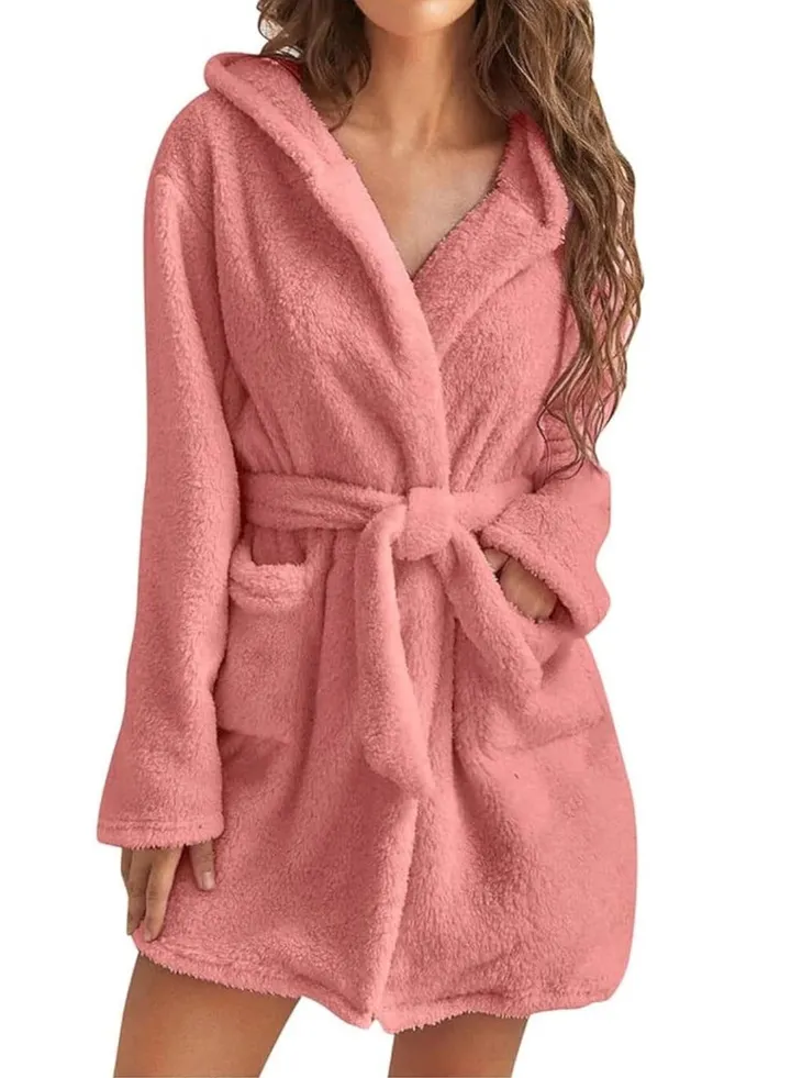 Women Hooded Bathrobe Fleece Lightweight Soft Plush Flannel Sleepwear Fleece Hooded Bathrobes Night Sleepwear Women's Mid Length Plush Robe
