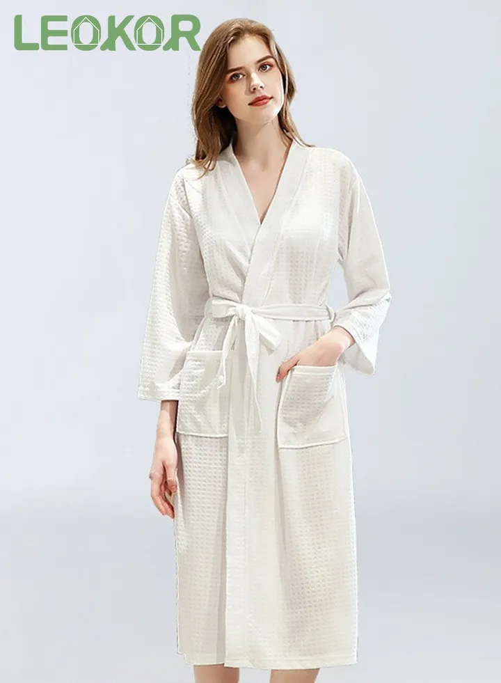 Women Bathrobe Waffle Weave Lightweight Kimono Spa Bathrobe for Lady White M (40-60Kg)